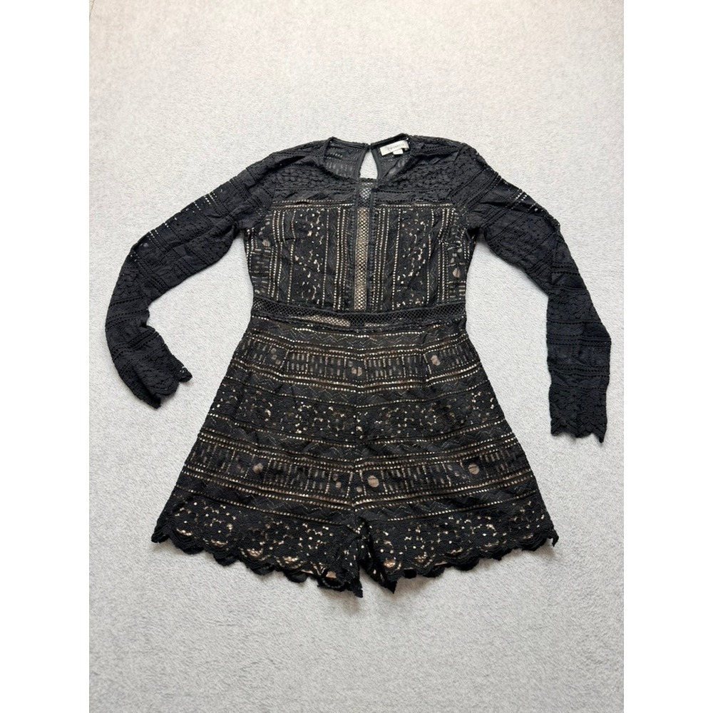 Francesca's Black Crochet Lace Long Sleeve Romper Nude Lining Scalloped
